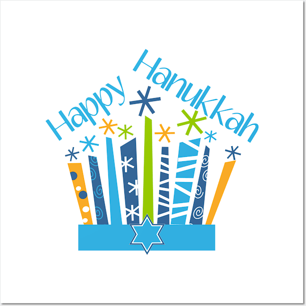 Happy Hanukkah Candles in Blue and Gold Wall Art by TNMGRAPHICS